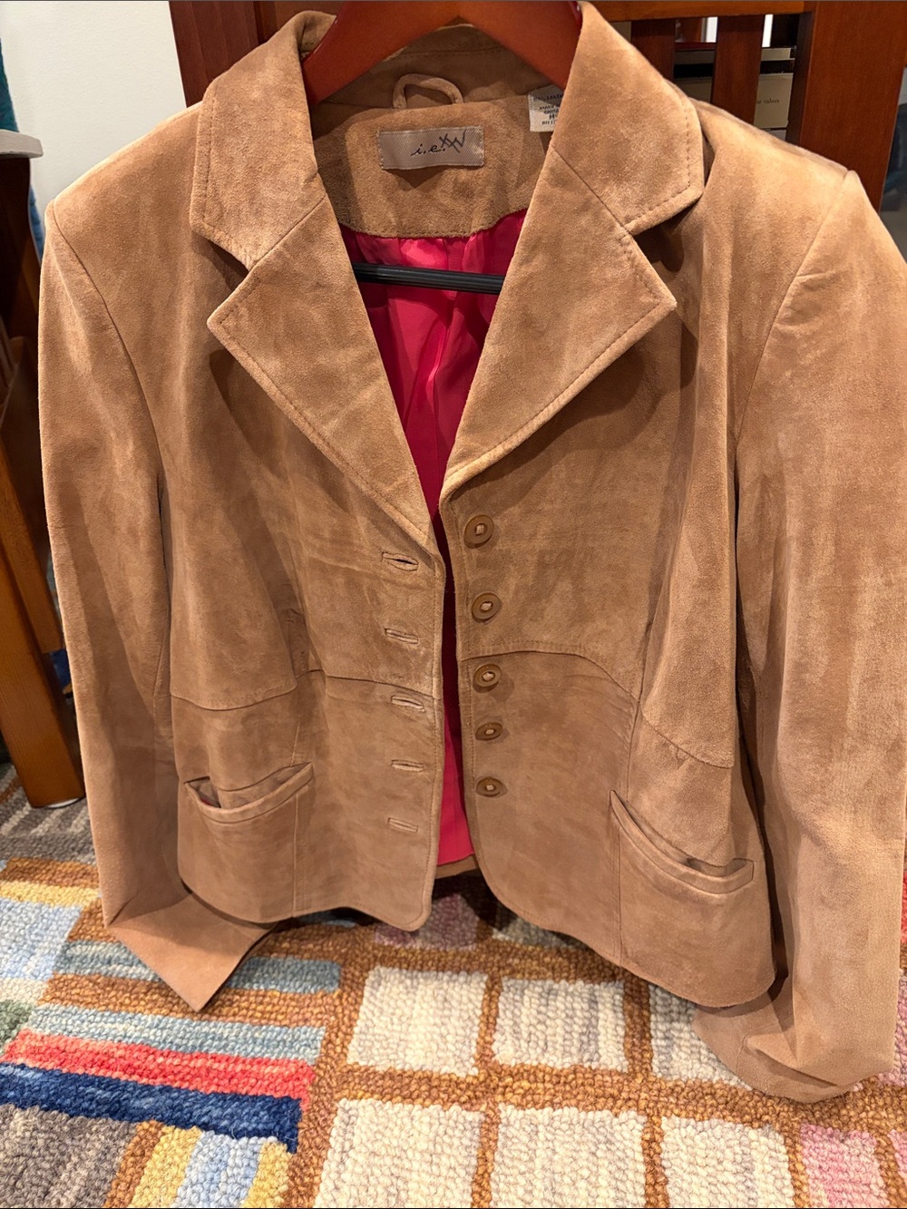 i.e. Suede women’s jacket  M 100% leather tan full lined front button EUC medium